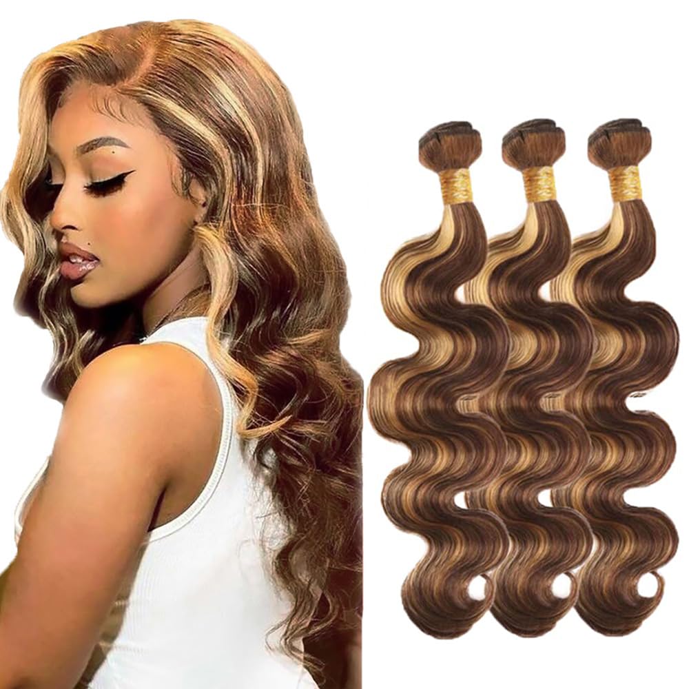 P4/27 Highlight Blonde Bundles Human Hair Body Wave Bundles 20 20 20 Inch Human Hair Brazilian Hair 3 Bundle Brown Unprocessed Virgin Remy Hair Extensions 50 Gram Per Bundle
