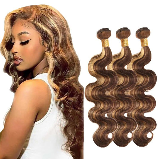 P4/27 Highlight Blonde Bundles Human Hair Body Wave Bundles 20 20 20 Inch Human Hair Brazilian Hair 3 Bundle Brown Unprocessed Virgin Remy Hair Extensions 50 Gram Per Bundle