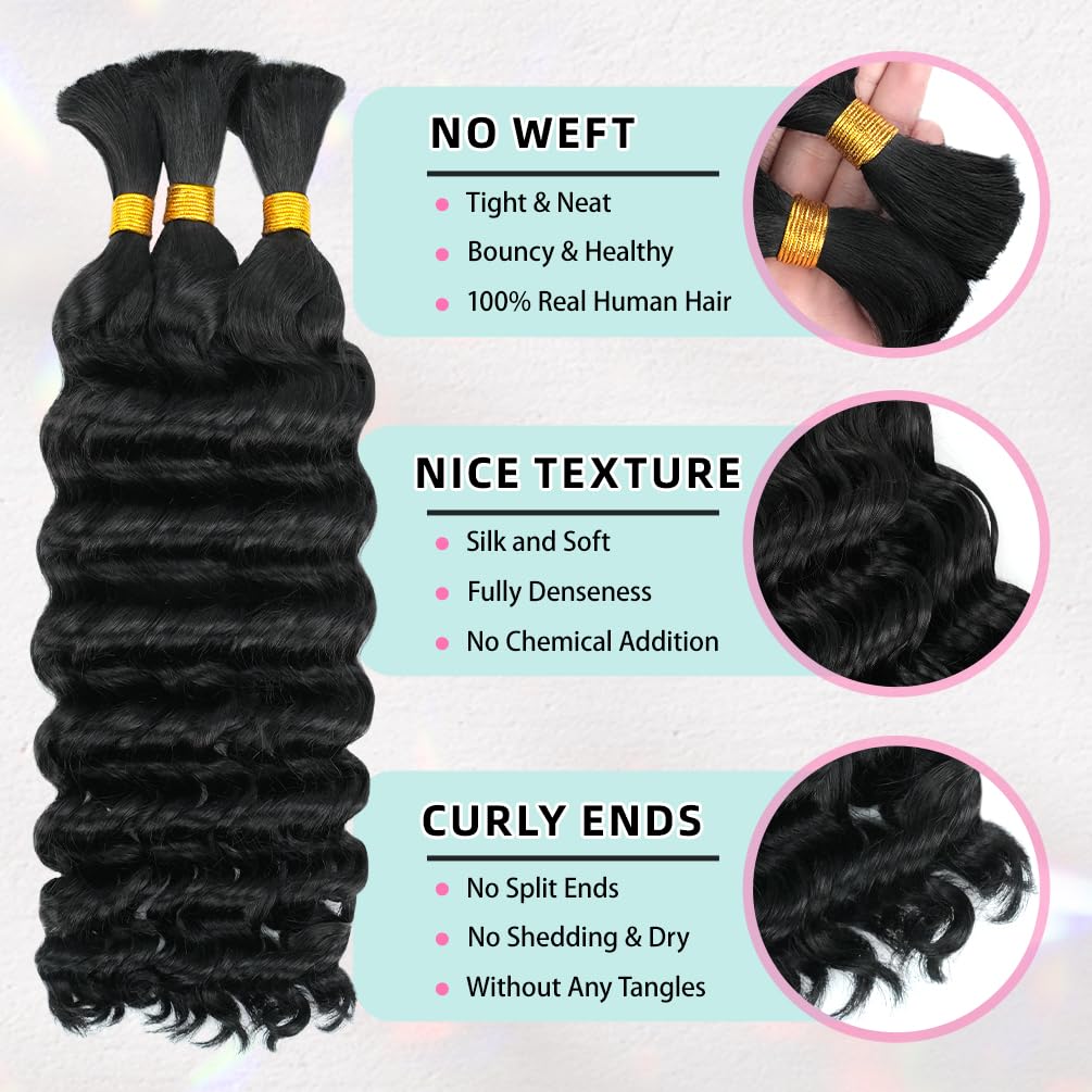 16 Inch Deep Wave Human Braiding Hair for Boho Braids – 50g 1 Bundles/Pack Natural Black 100% Unprocessed 12A Brazilian Virgin Human Hair Bulk, No Weft, Wet & Wavy Curly Extensions