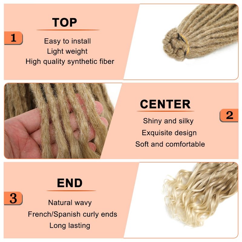 BUFENGSUN French Curly Dreadlocks Synthetic Single Ended Dreadlock Extension with Loose Wave Ends 24inches 50 Strands Thin Soft French Curly SE Dread Extensions for Women (27/613,50 strands)