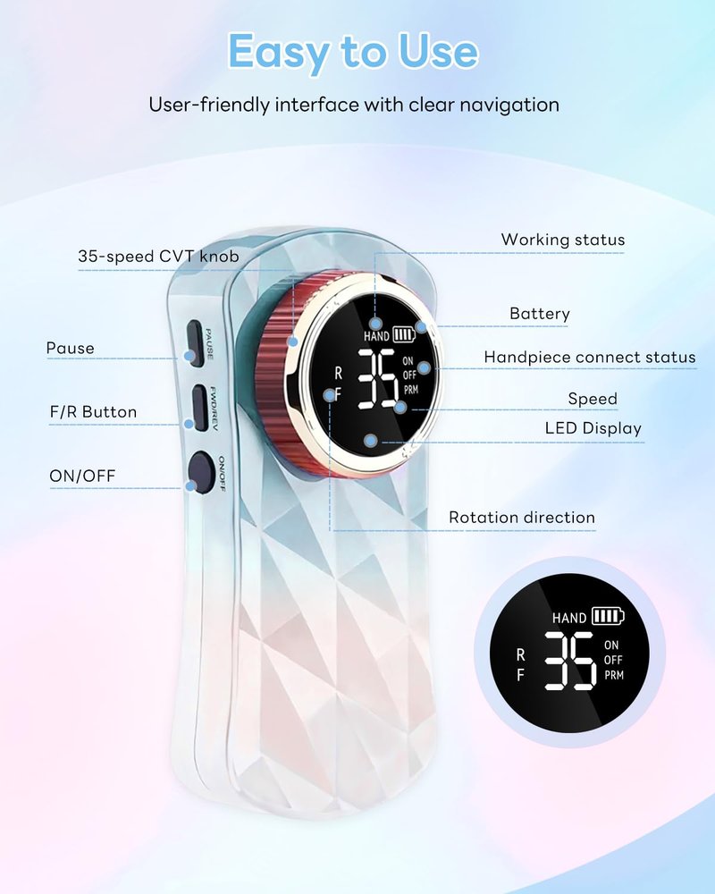 CozyZen Portable Nail Drill, 35,000 RPM Rechargeable Electric Nail File, Cordless E-File Machine with Extended Battery Life, Lightweight Design for Manicure & Pedicure, Professional & Home Use