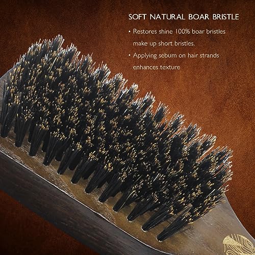 Boar Bristle Brush for Shine and Texture - Stiff Bristles for Medium Hair/Beards, Cleaning Brush Included