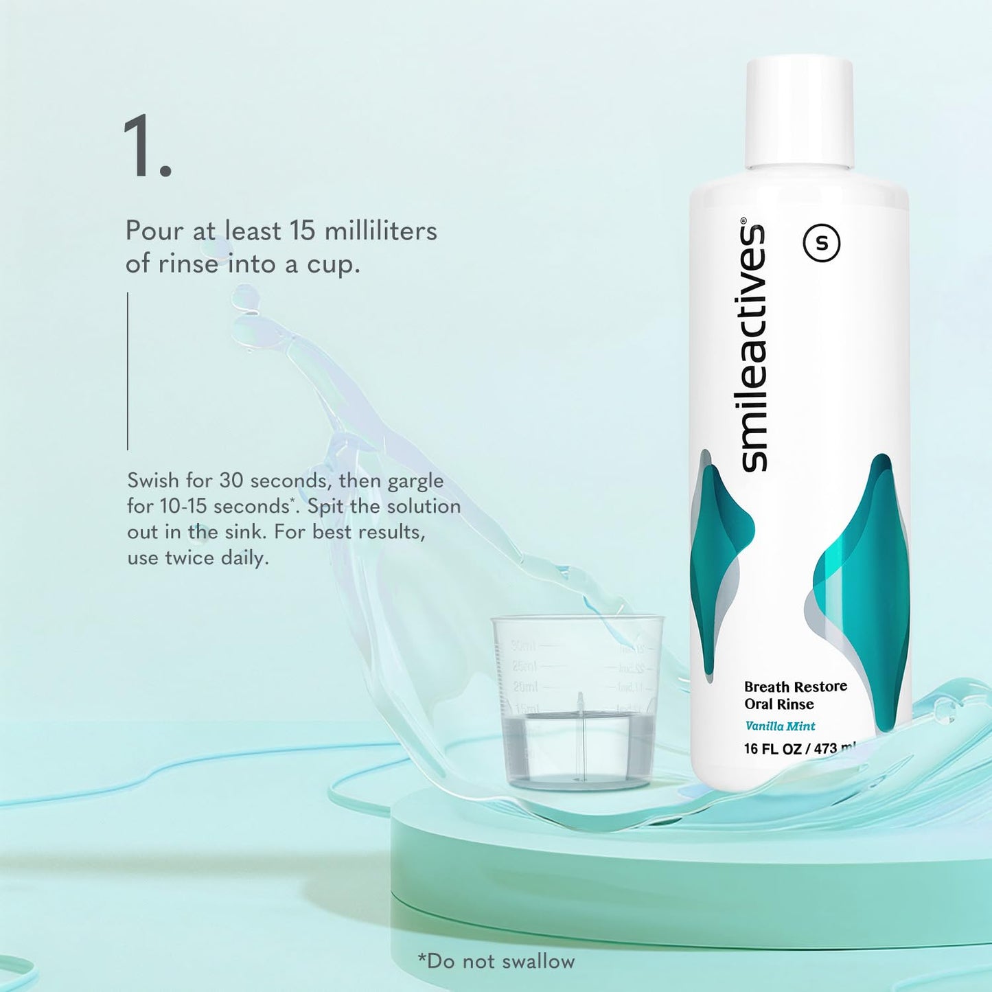 Smileactives Breath Restore Oral Rinse, Adults Mouthwash for Bad Breath and Gum Health, Promotes Oral Care, Healthy Mouth and Long Lasting Fresh Breath, Sugar and Alcohol-Free, Vanilla Mint, 16 fl oz