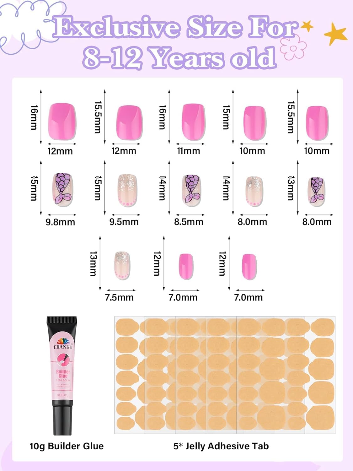 Press On Nails for Kids - Cute Heart & Mermaid Designs | Short Almond Style, 130PCS Set for Ages 8-12 with Adhesive Tabs & Quick-Dry Glue
