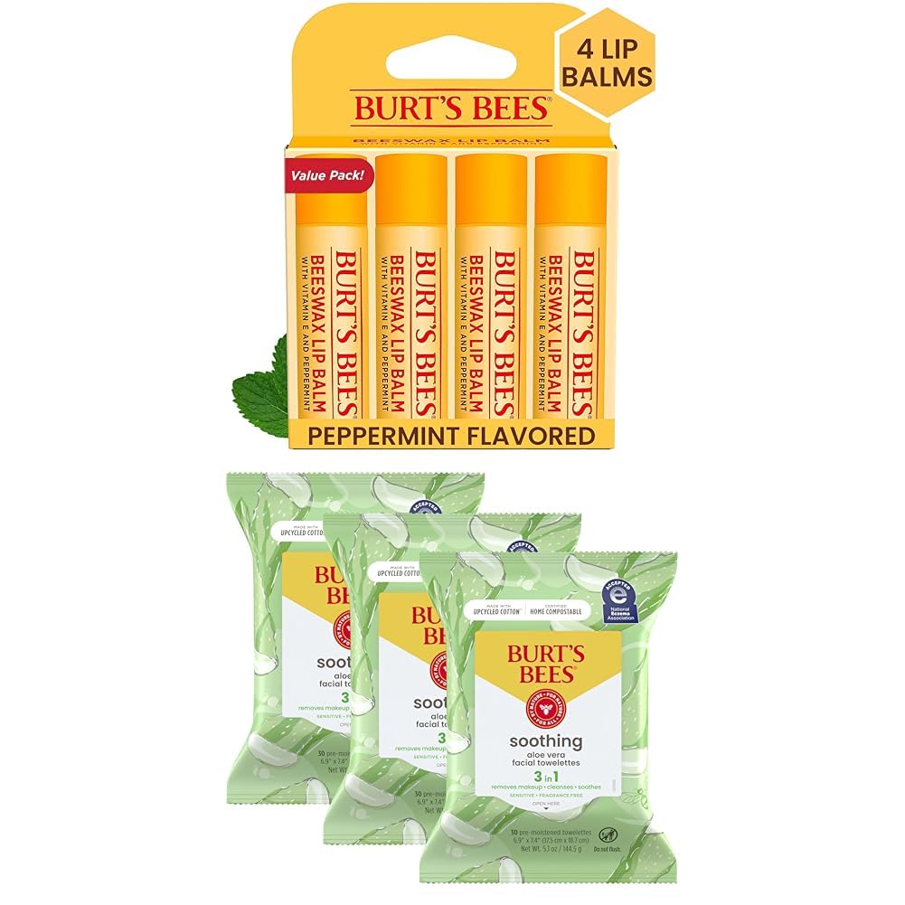 Burt's Bees Lip Balm Bundle - 4 Original Beeswax Tubes & Aloe Vera Face Wipes | Sensitive Skin Makeup Remover, 30 Ct.