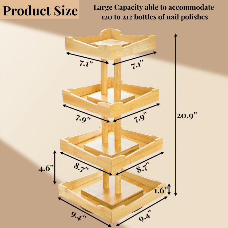 ZAVOOS Nail Polish Organizer, 4 Tier Bamboo Stand Essential Oil Display Rack for 120-212 Bottles, 360 Rotating Large Capacity Cosmetics Storage Shelf Holder for Home Spa, Business Salon