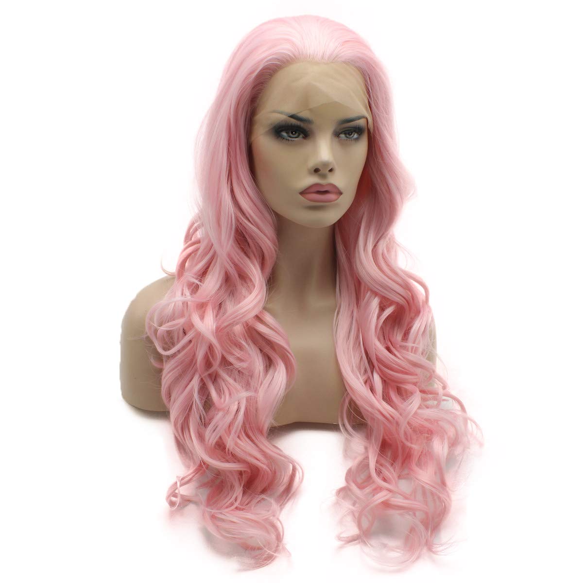 Lushy Wavy Long 26inch Pink Heavy Density Heat Resistant Realistic Synthetic Lace Front Wig