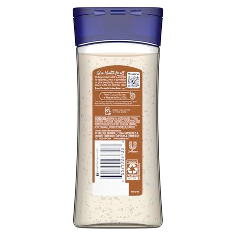 Vaseline Intensive Care Cocoa Radiant for Glowing Skin Body Gel Oil Made with Pure Cocoa Butter + Replenishing Oils 6.8 oz
