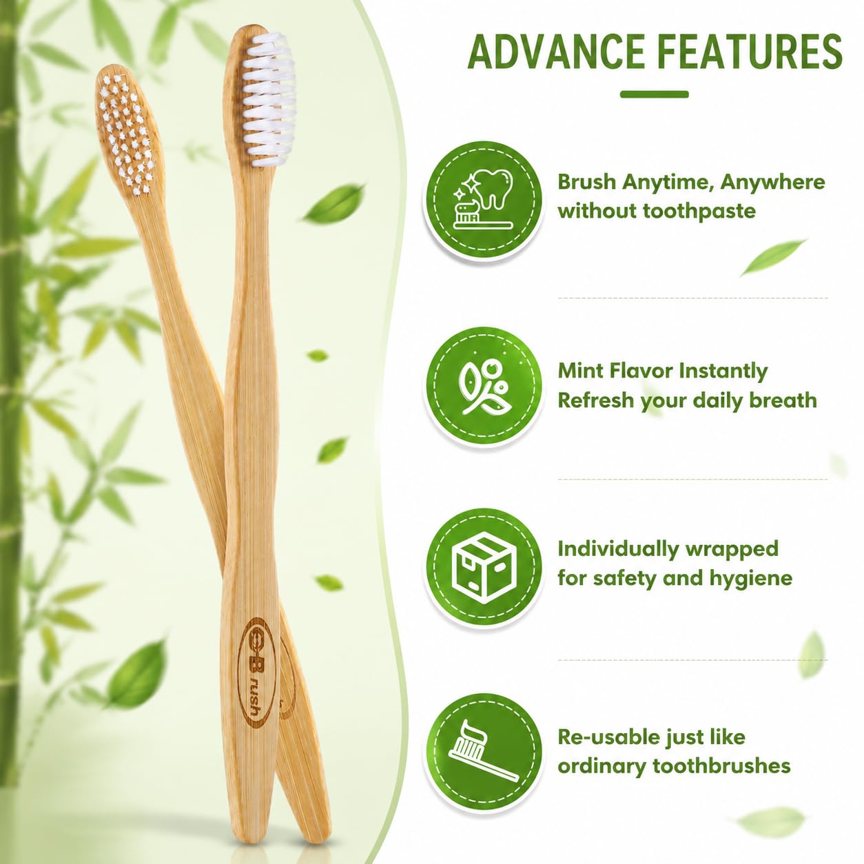 B Rush® 72Pack Bamboo Prepasted Toothbrush, Individually Wrapped Mini Travel Toothbrush with Pre-Pasted Mint Gel, Biodegradable Eco-Friendly Disposable Toothbrushes Travel Set for Adults & Kids