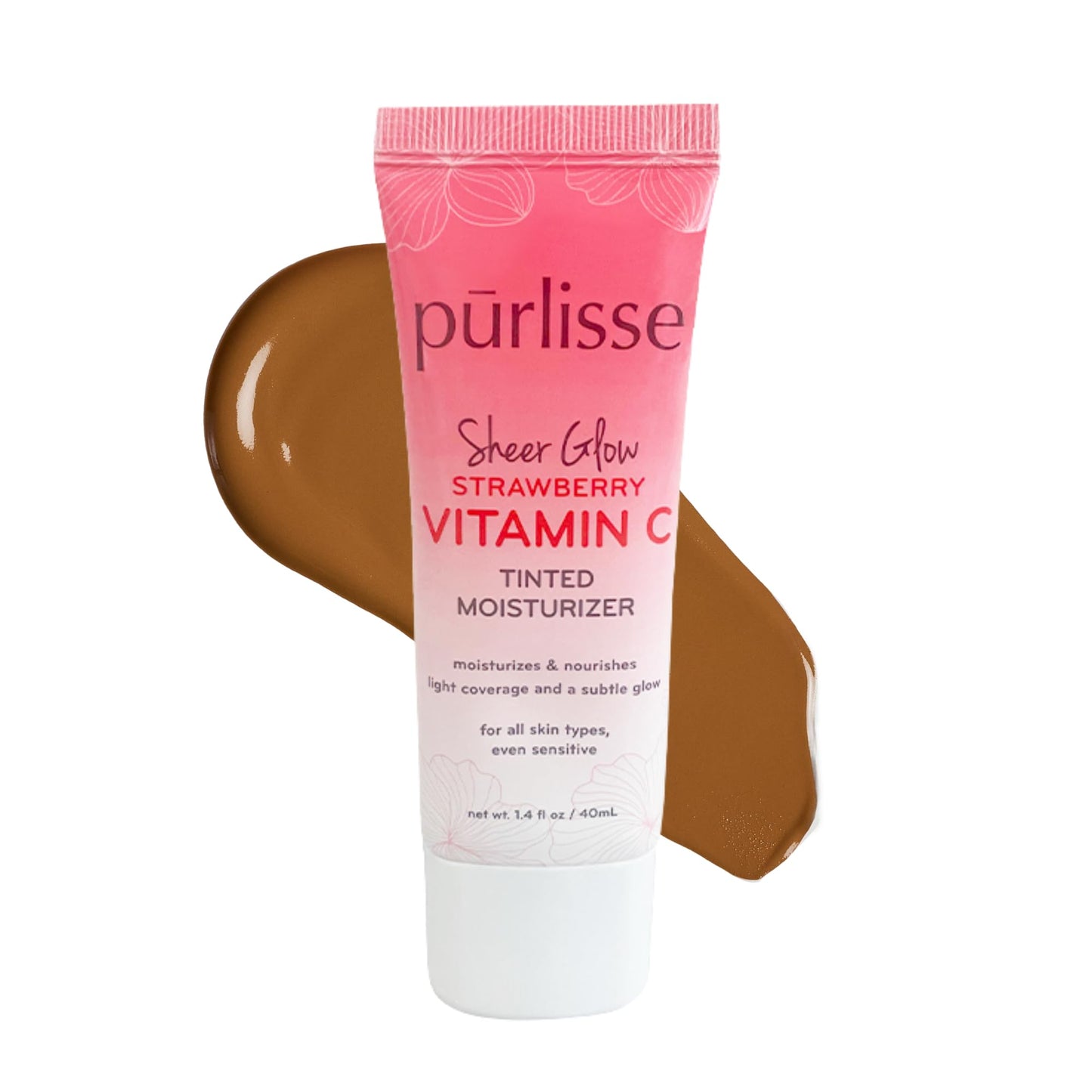 pürlisse Sheer Glow Strawberry Vitamin C Tinted Moisturizer - Skin Tint Moisturizer Enriched with Antioxidants to Even Complexion - Dewy Light Coverage for All Skin Types - Tan (1.4 oz)