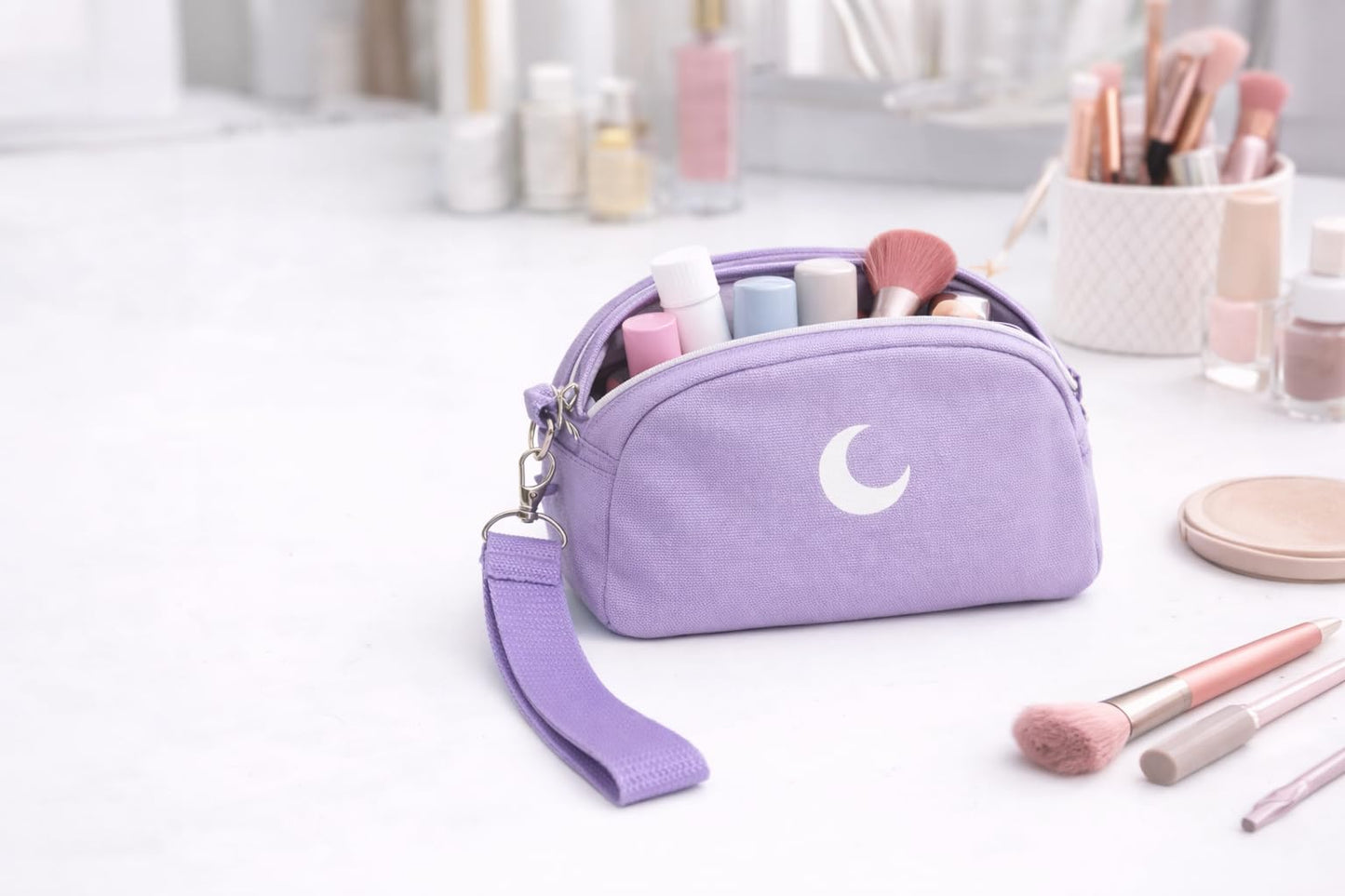 Brando Moon Small Zipper Makeup Bag for Women Girls – Travel Cosmetic Pouch, Wide-Open Organizer Purse Case, Air-Tight Odor-Control Fabric, Everyday Travel Essentials