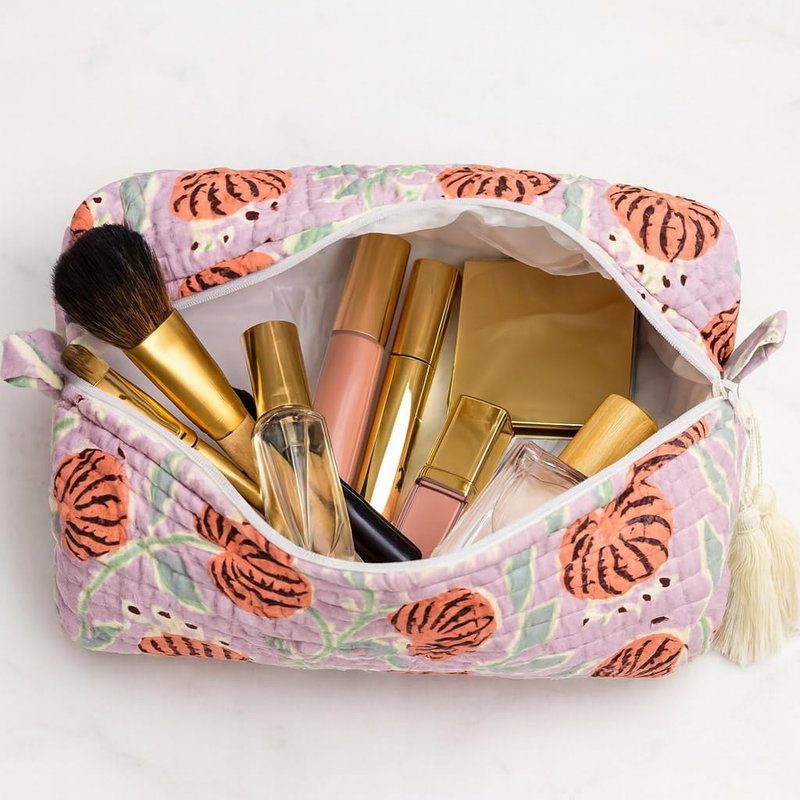 Palmetto Home Block Print Makeup Bag & Toiletry Pouch – Quilted Cotton Cosmetic Bag for Travel, Artisan Handmade Organizer for Women, Giftable (Boho Pomegranate)