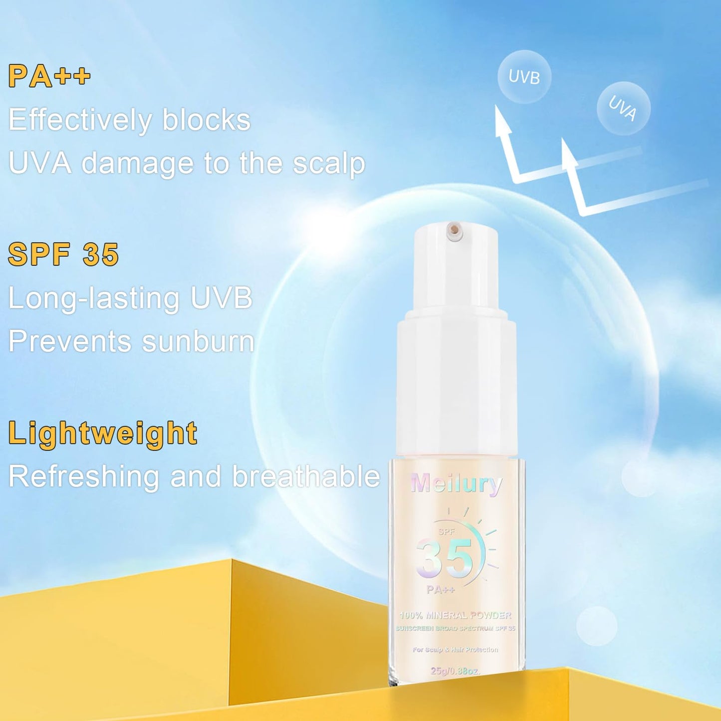 Mineral Sunscreen Powder for Scalp & Hair - SPF 35 PA++ Broad Spectrum UV Protection | Lightweight & Non-Greasy, 0.71 Oz.