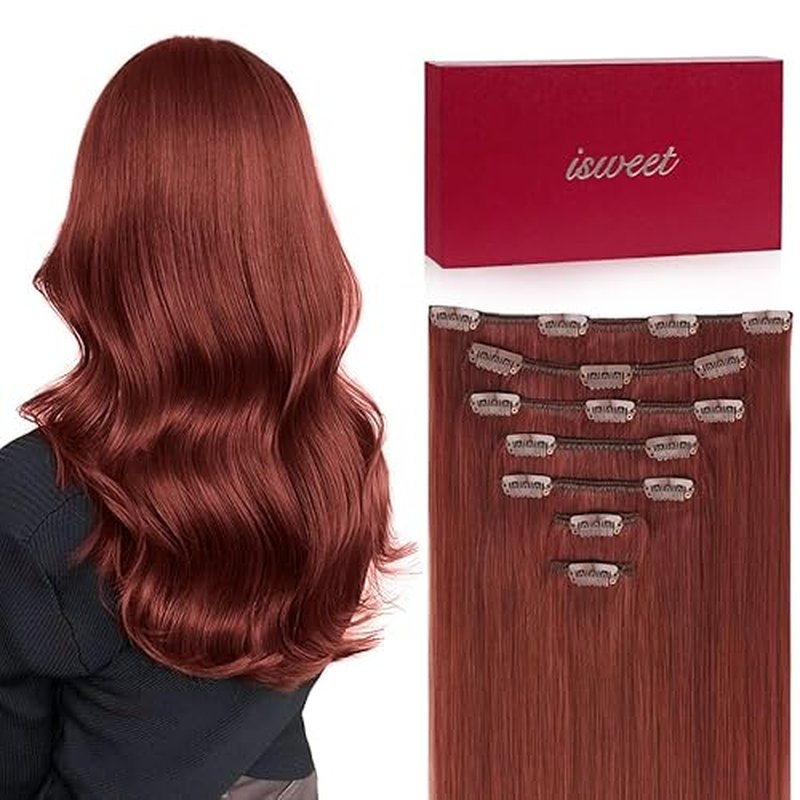 Straight Clip in Hair Extensions Real Human Hair, 7Pcs 20 Inch 110g #33 Auburn Brown Invisible Natural Soft Real Human Hair Extensions Clip ins, Double Weft Hair Extensions Real Human Hair for Women