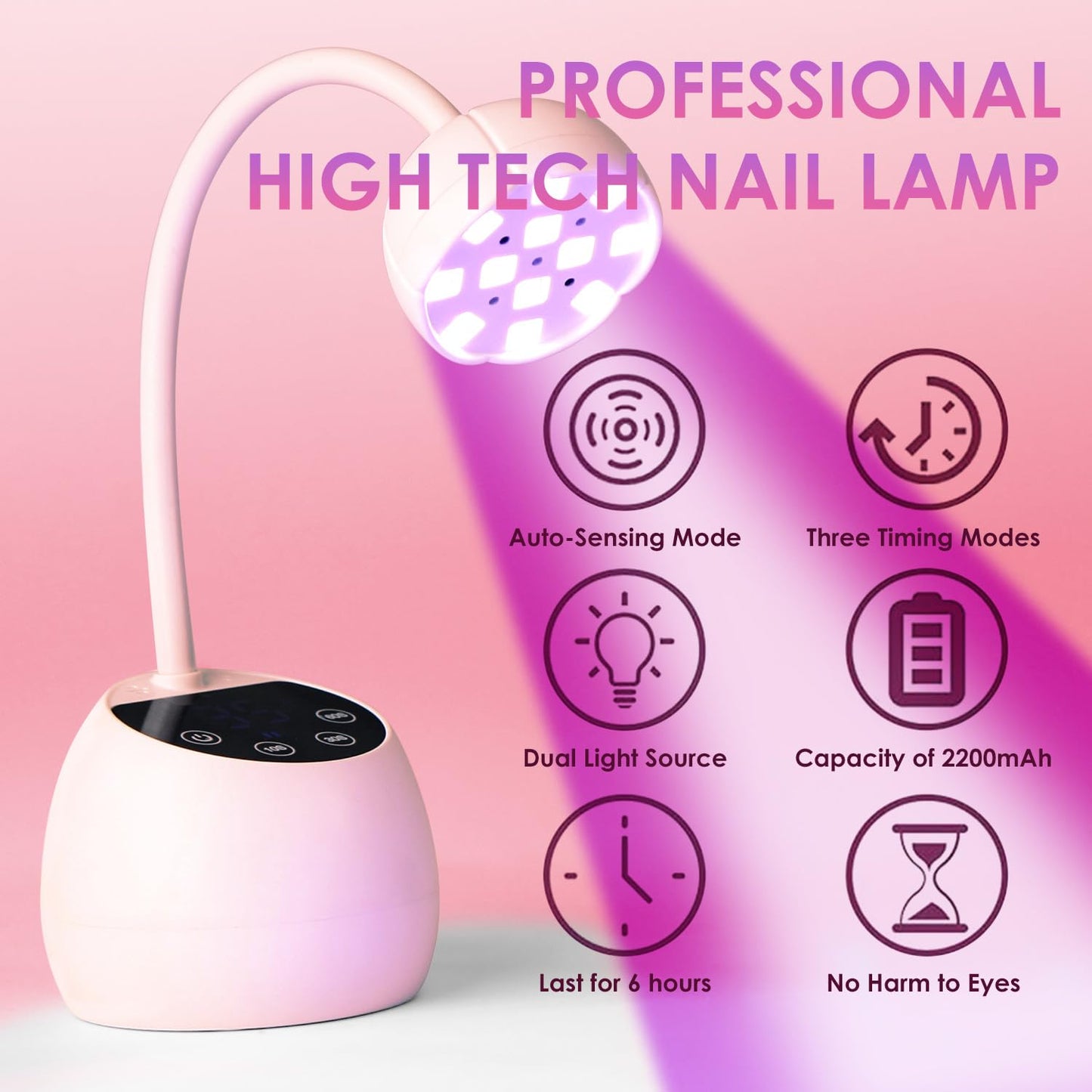 BORNBYME UV Nail Lamp for Gel Nails, 36W UV Nail Light Gooseneck Rechargeable with 4 Time Setting & Smart Auto Sensor for Nail Salon Home Use Lamp,Pink