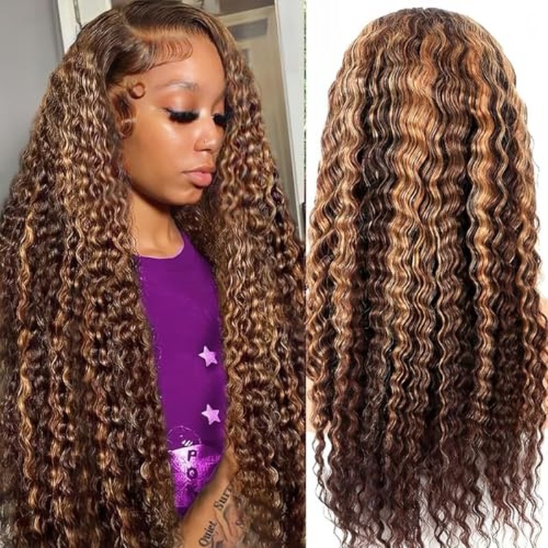 Highlight Ombre Lace Front Wigs Human Hair 13x6 Honey Blonde Deep Wave Wig Human Hair 4/27 Glueless Deep Wave Human Hair Wigs Pre Plucked with Baby Hair for Women 24 Inch