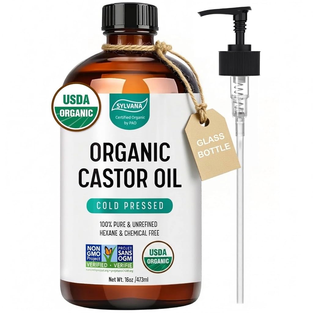 SYLVANA Organic Castor Oil (16oz Glass Bottle), USDA Certified Organic, Cold Pressed, Vegan, Hexane Free - 100% Pure Castor Oil for Nourishing Skin, Hair Growth, Lashes & Eyebrows