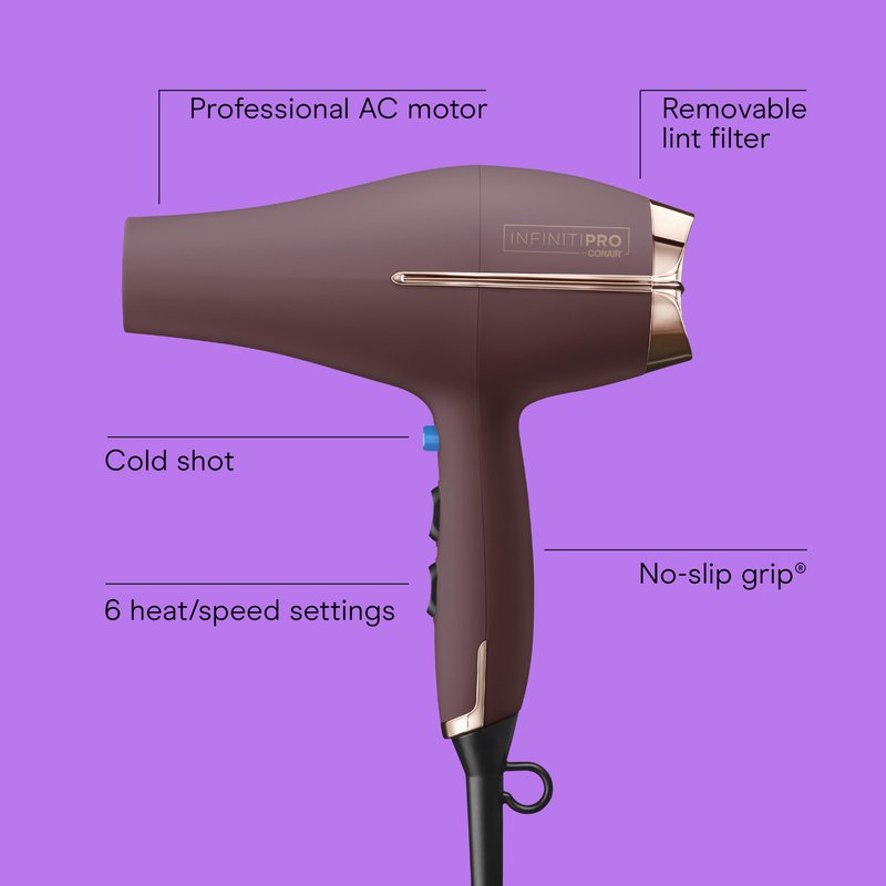 Infiniti PRO by CONAIR Hair Dryer, 1875W Blow Dryer with Diffuser and Concentrator Attachments, AC Motor with Ceramic Technology, 3 Heat & 2 Speed Settings, Plum