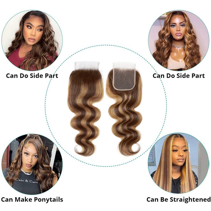 Isufer Highlight Lace Closure Human Hair Pre Plucked With Baby Hair 4/27 Closure Body Wave Brown To Honey Blonde Two Tone Closure Human Hair 4X4 Free Part Bleached Knots Brazilian Virgin Hair 10 Inch