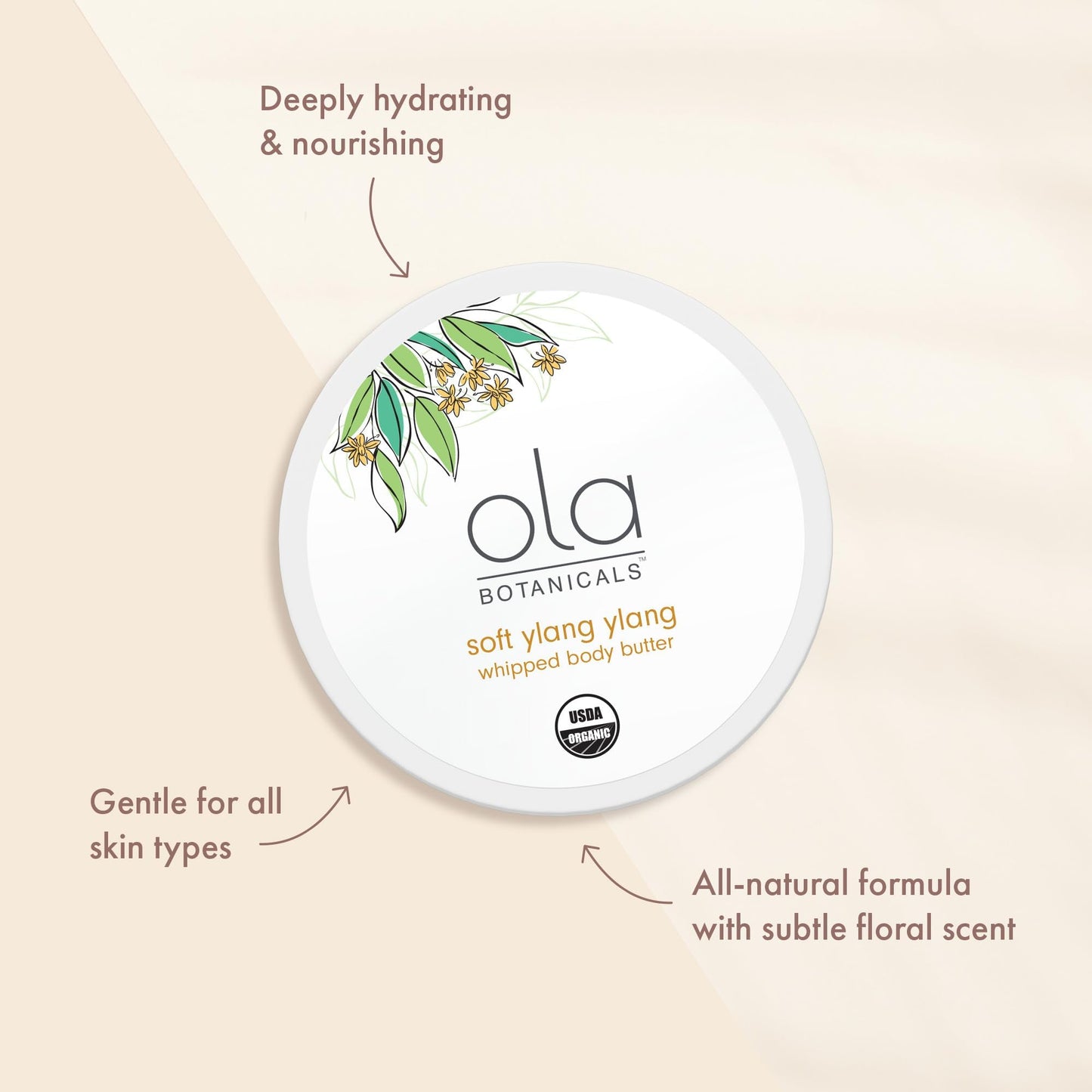 Ola Botanicals Whipped Body Butter (4oz) Soft Ylang Ylang, USDA Certified Organic, Cruelty Free, Gluten Free, Soy Free, Dr. Mercola