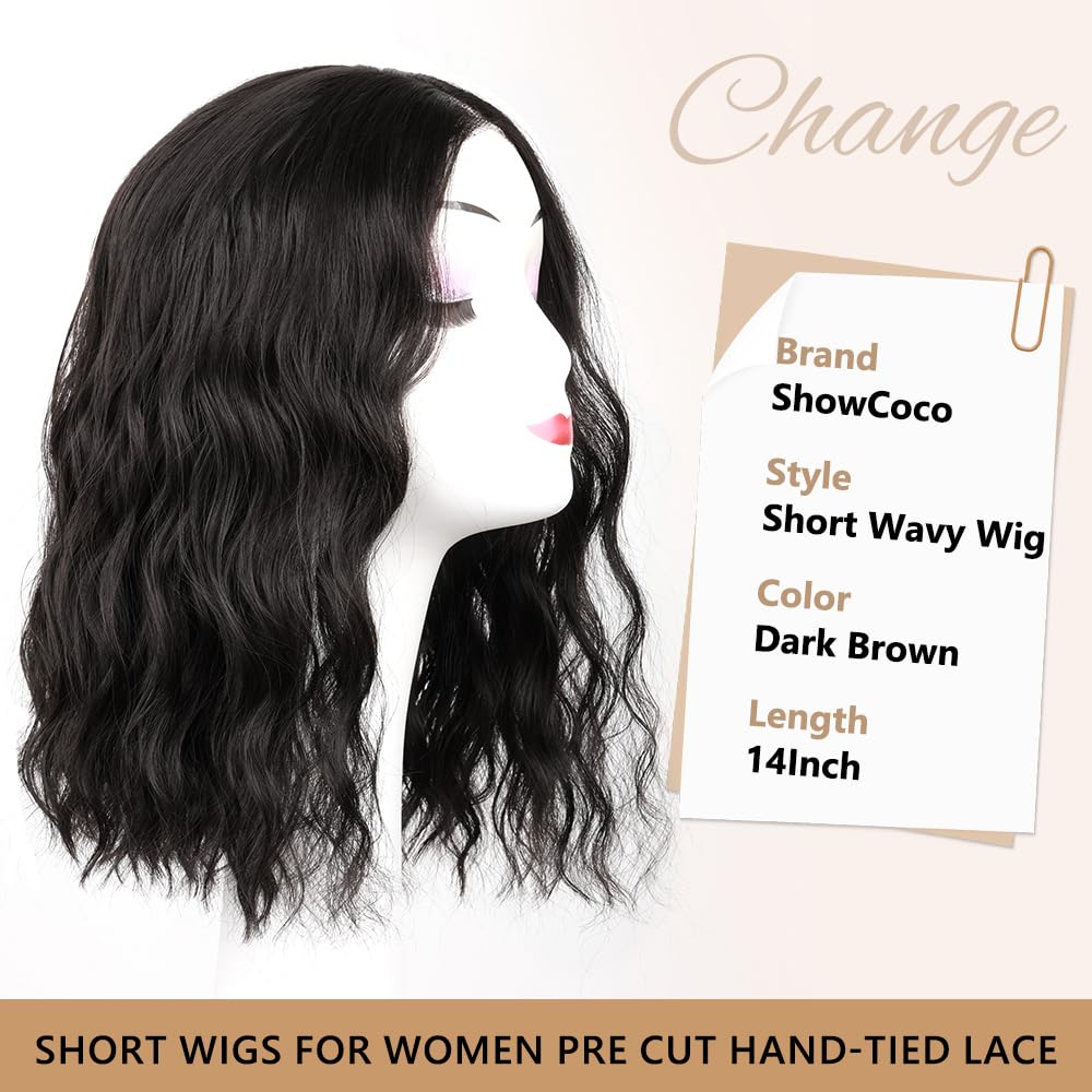Brown Wig for Women Pre Cut Hand-Tied Lace Short Wigs for Women Wavy Natural Hairline Middle Part Hair Replacement Wigs for Beginners 14 Inch Natural Bob Style Synthetic Wig 3 Seconds Wear for Daily