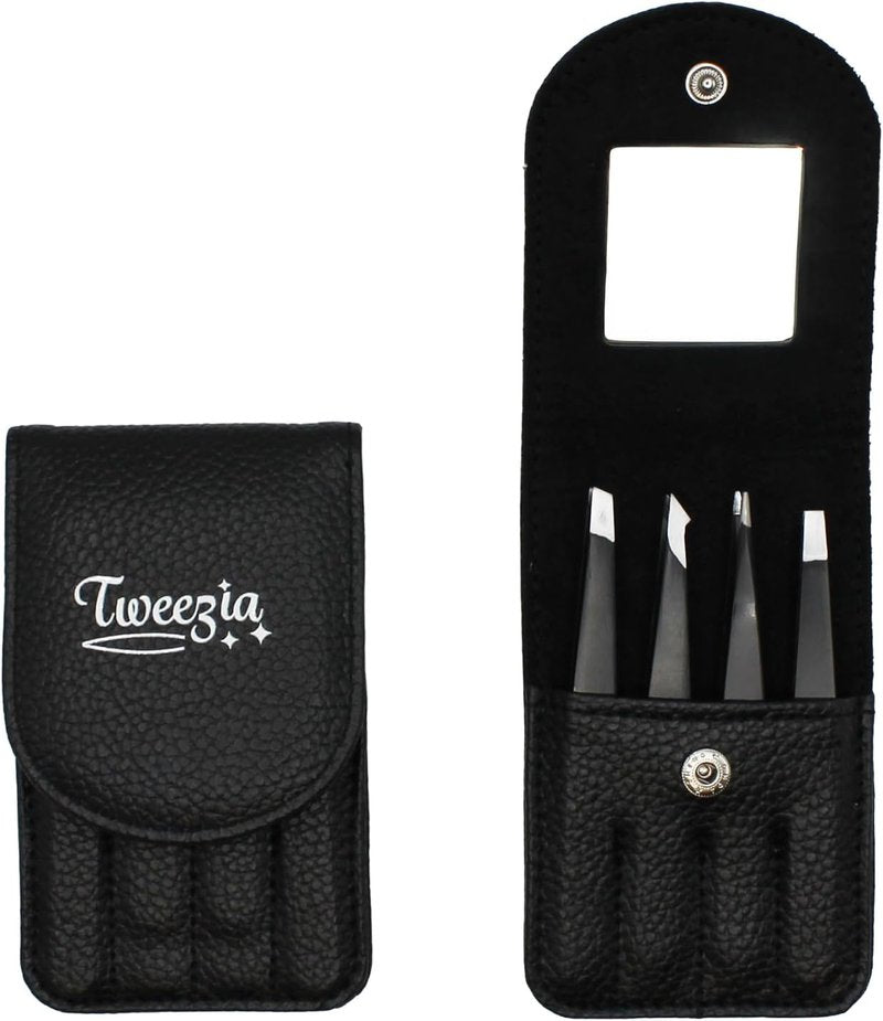 Stainless Steel Tweezer Set - 4 Precision Tweezers with Mirror & Leather Case | Ideal for Eyebrows, Ingrown Hairs, Splinters