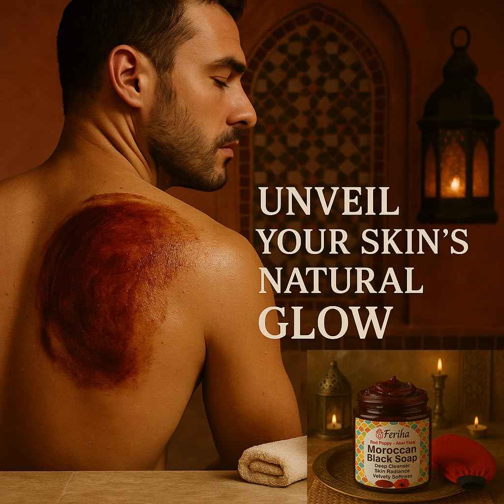 FERIHA Moroccan Black Soap with Aker Fassi – Red Poppy Petals & Pomegranate Shell – 100% Natural Artisan Beldi Hammam Soap for Radiance, Skin Firming & Deep Cleansing – Sourced & Crafted in Morocco