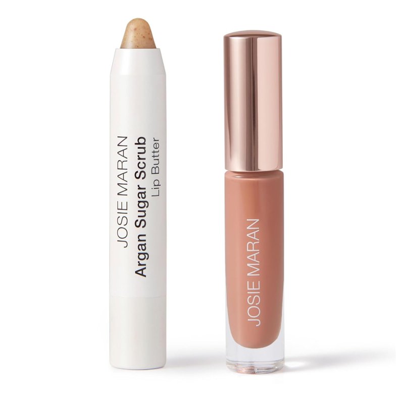 Josie Maran Lip Exfoliator & Plumping Gloss | Argan Sugar Scrub & Hyaluronic Lip Booster - 2 Piece Lip Care Kit