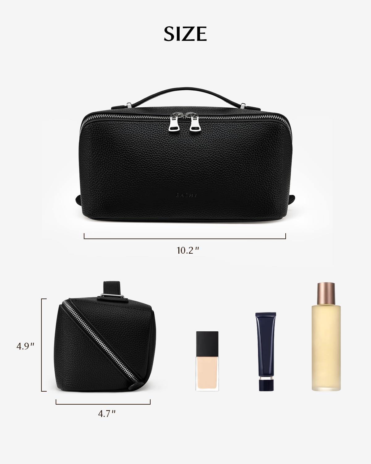 EACHY Travel Makeup Bag, Lychee Leather Large Capacity Cosmetic Bag for Women, Open Flat Toiletry Bag with TPU Brush Compartment, Waterproof Skincare Organizer Travel Essentials