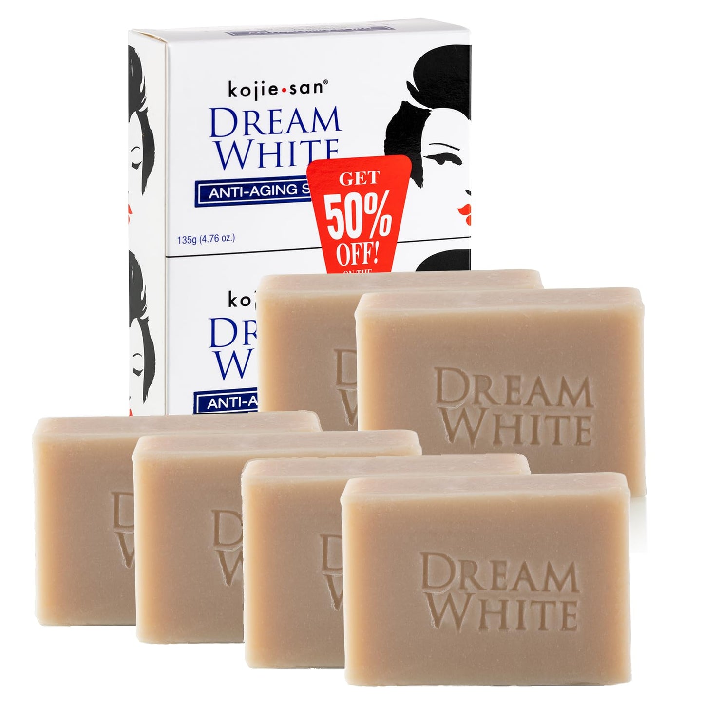 Kojie San Dream White Face and Body Bar – Kojic Acid Soap with Collagen, Elastin, & Coconut Oil – 135g x 6 Bars