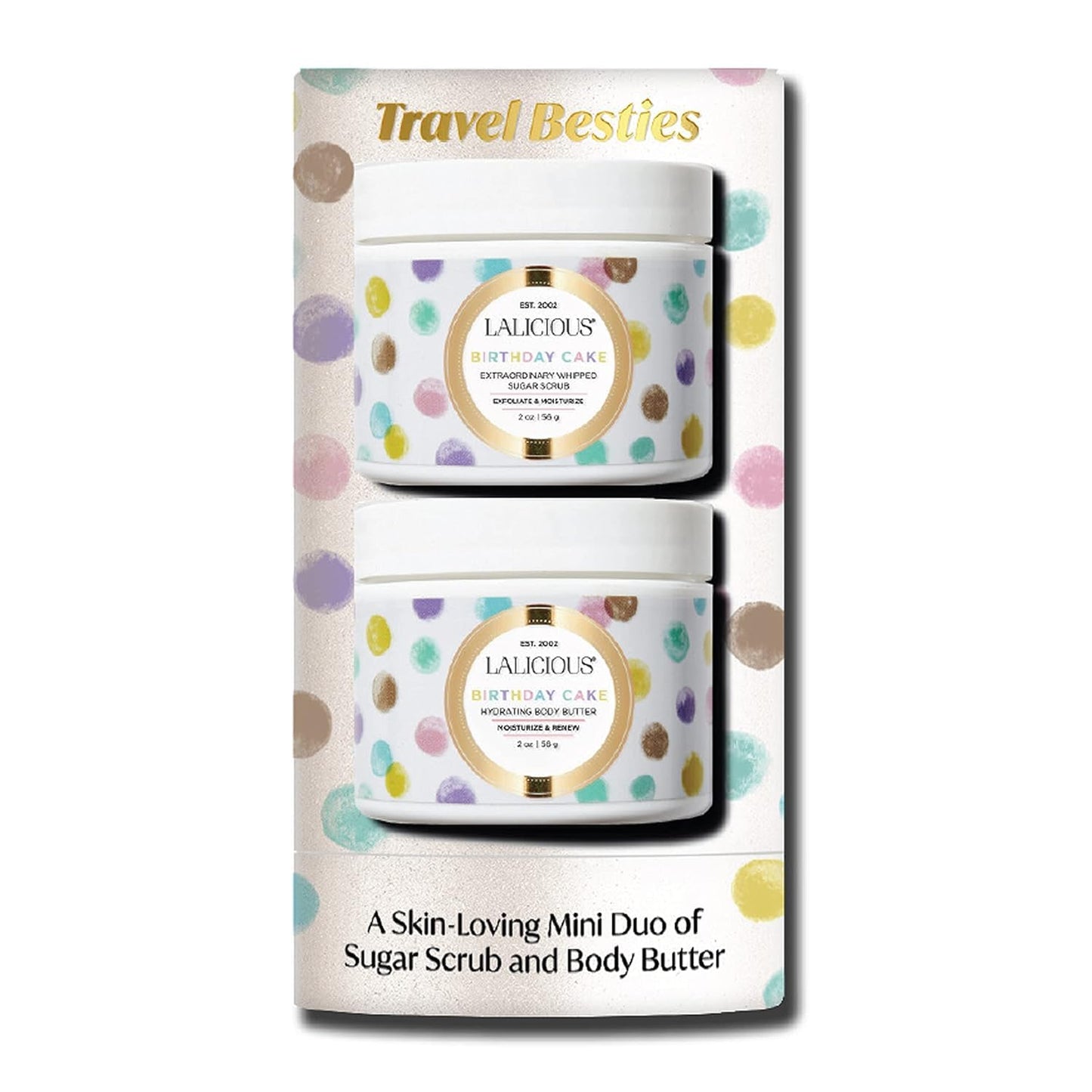 LALICIOUS Travel Besties - Birthday Cake Sugar Scrub (2oz) & Body Butter (2oz)