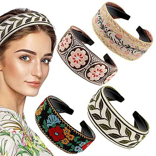 EBOOT 4 Pieces Boho Headband for Women Embroidery Wide Hair Band Bohemia Floral Knotted Wide Headbands Vintage Ethnic Style Girls Accessories(Classic Pattern)