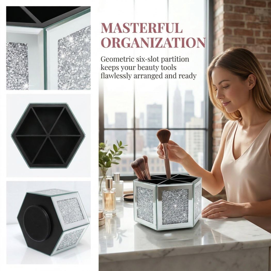 VOHJD Rotatable Multifunctional Jewelry Utensil Holder Hexagon Jewelry Make up Organizer Cups Crush Diamond Mirror Decor, brush/office pen cup holder Eyeliners Display Case for Vanity