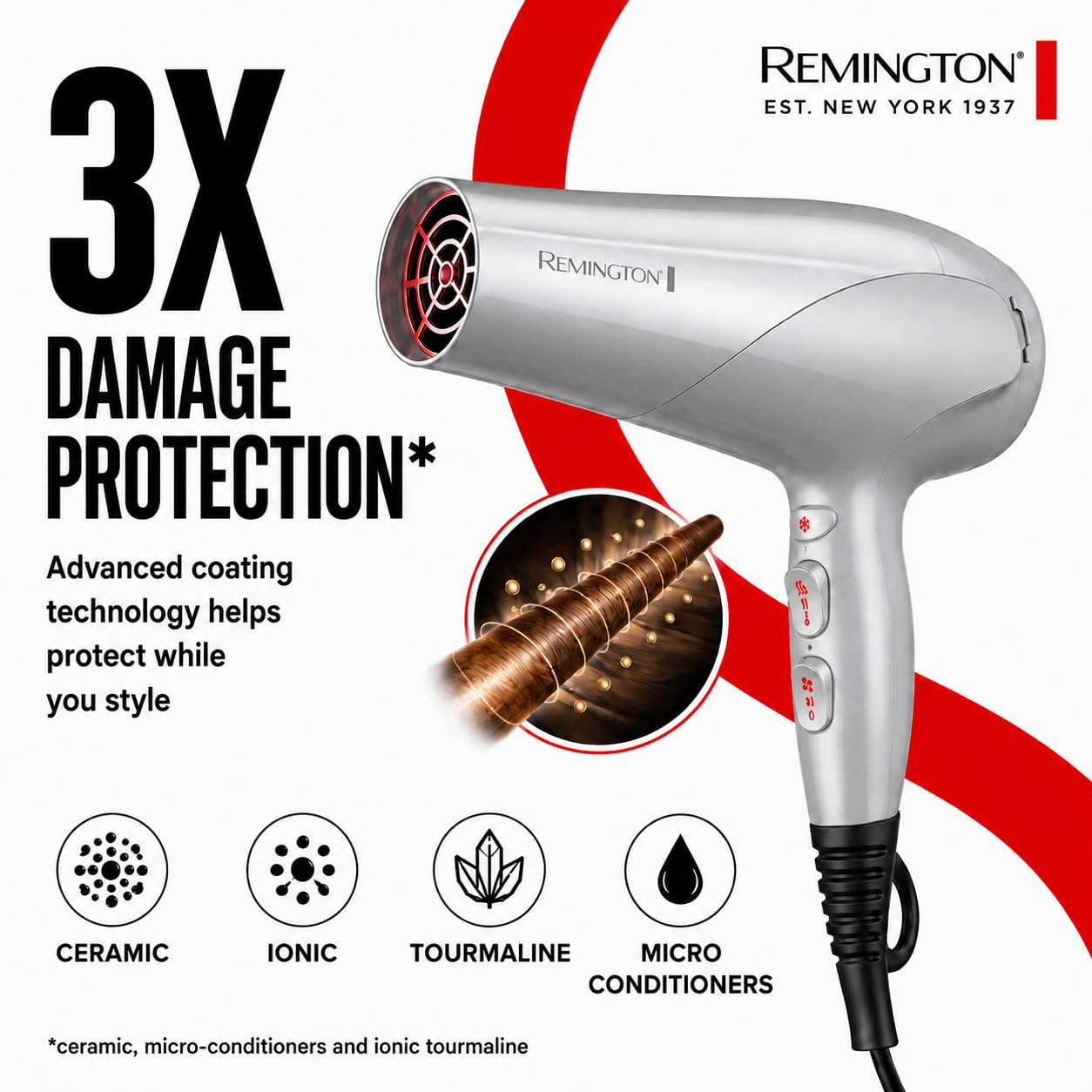 Remington Hair Dryer - Damage Protection with Ceramic Ionic Tourmaline Technology | Grey, 3-Piece Set with Diffuser & Concentrator