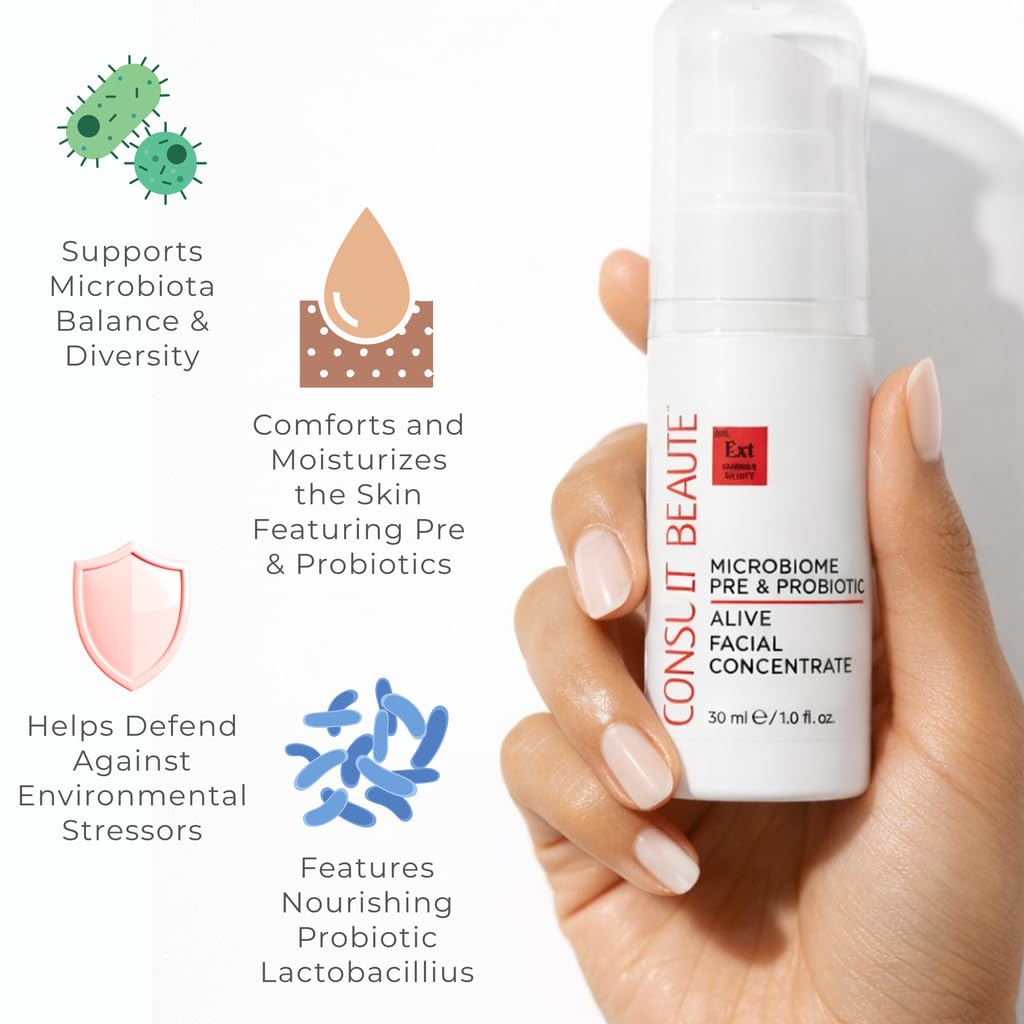 Consult Beaute ALIVE Microbiome Facial Serum Gel Concentrate, Pre & Probiotic Skin Care for Women & Men, Hydrating and Restores Skin Barrier, Fragile, Sensitive, All Skin Types, 1 Fl Oz