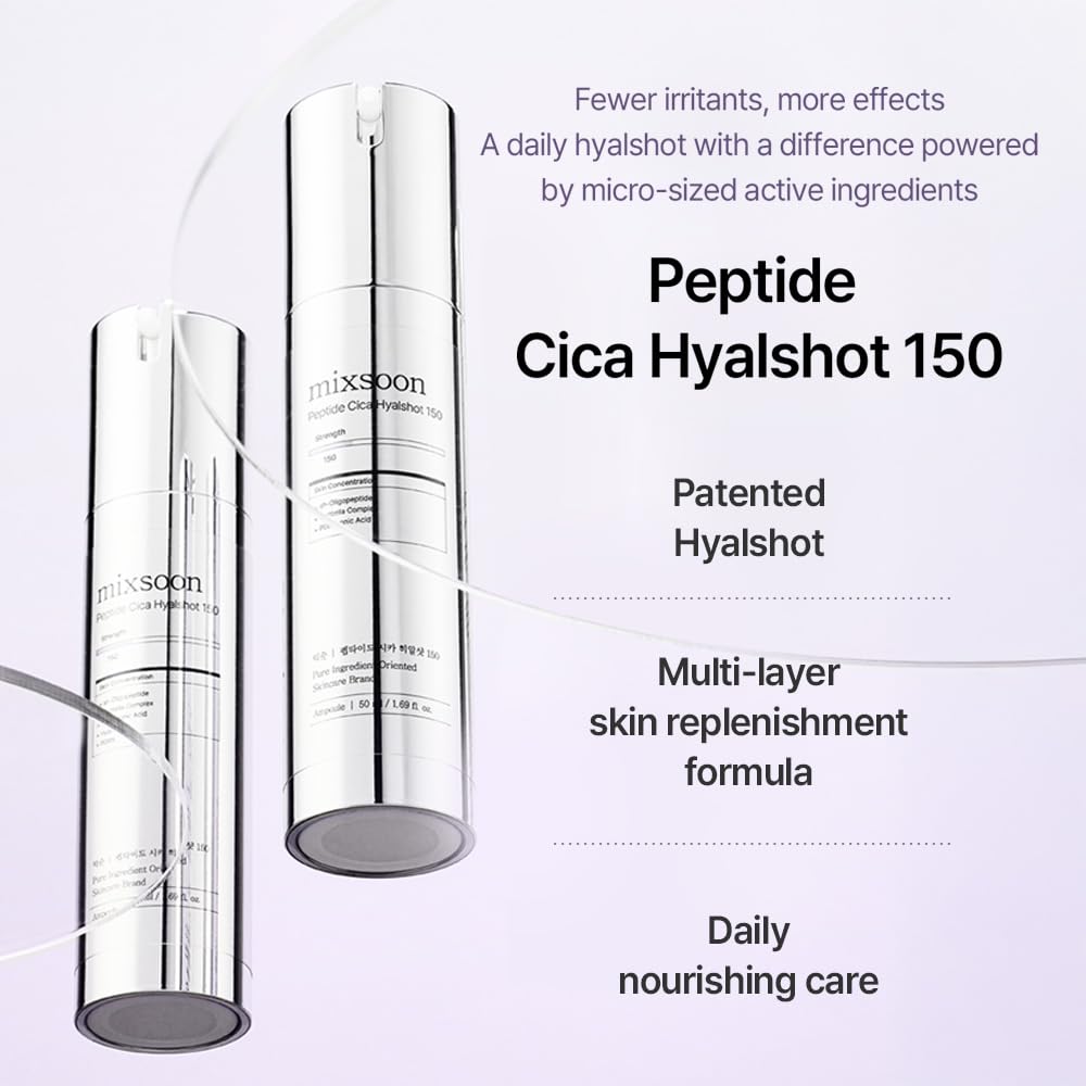 mixsoon Peptide Cica Hyalshot 150 - Firming, Soothing and Moisture-Boosting Ampoule Serum, Lightweight Formula for Radiant, Balanced Skin 50ml / 1.69 fl.oz. Korean Glass Skin Care