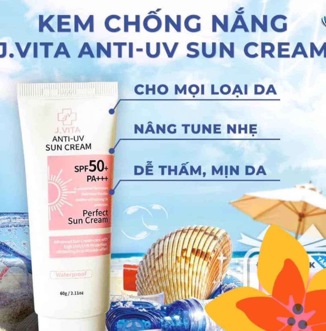 Korea J.Vita Anti-UV Sun Cream 60g / 2.11oz. SPPF50+ PA+++Perfect Waterproof Sunscreen that Keeps Skin Moisturize & Healthy with Strong UV Protection