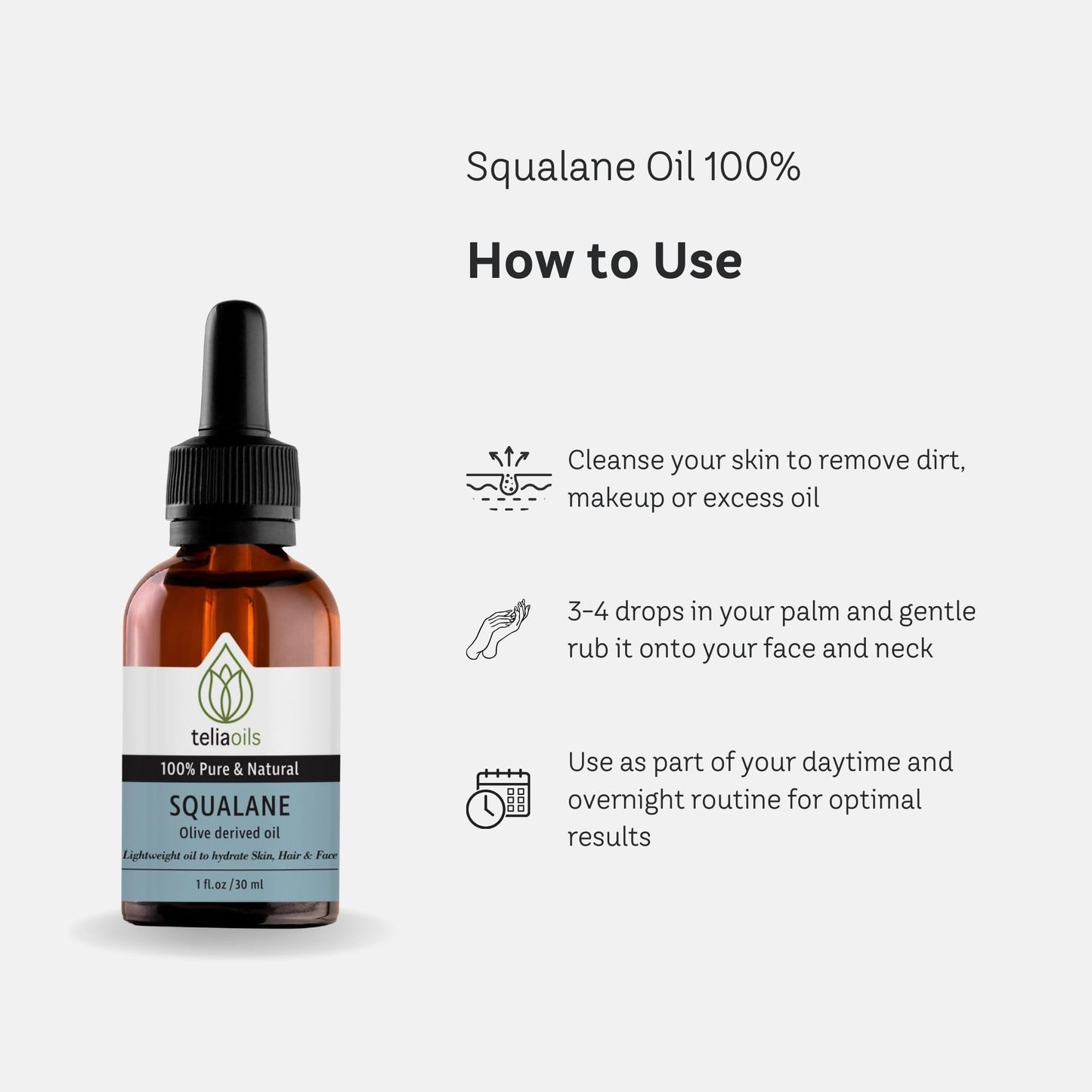 Teliaoils Squalane Oil for face – 100% Plant-Based Oil from Olives – Natural Moisturizer for Face, Skin, and Hair – Improves Skin Elasticity – Lightweight & Fast Absorbing Hydration – 1oz