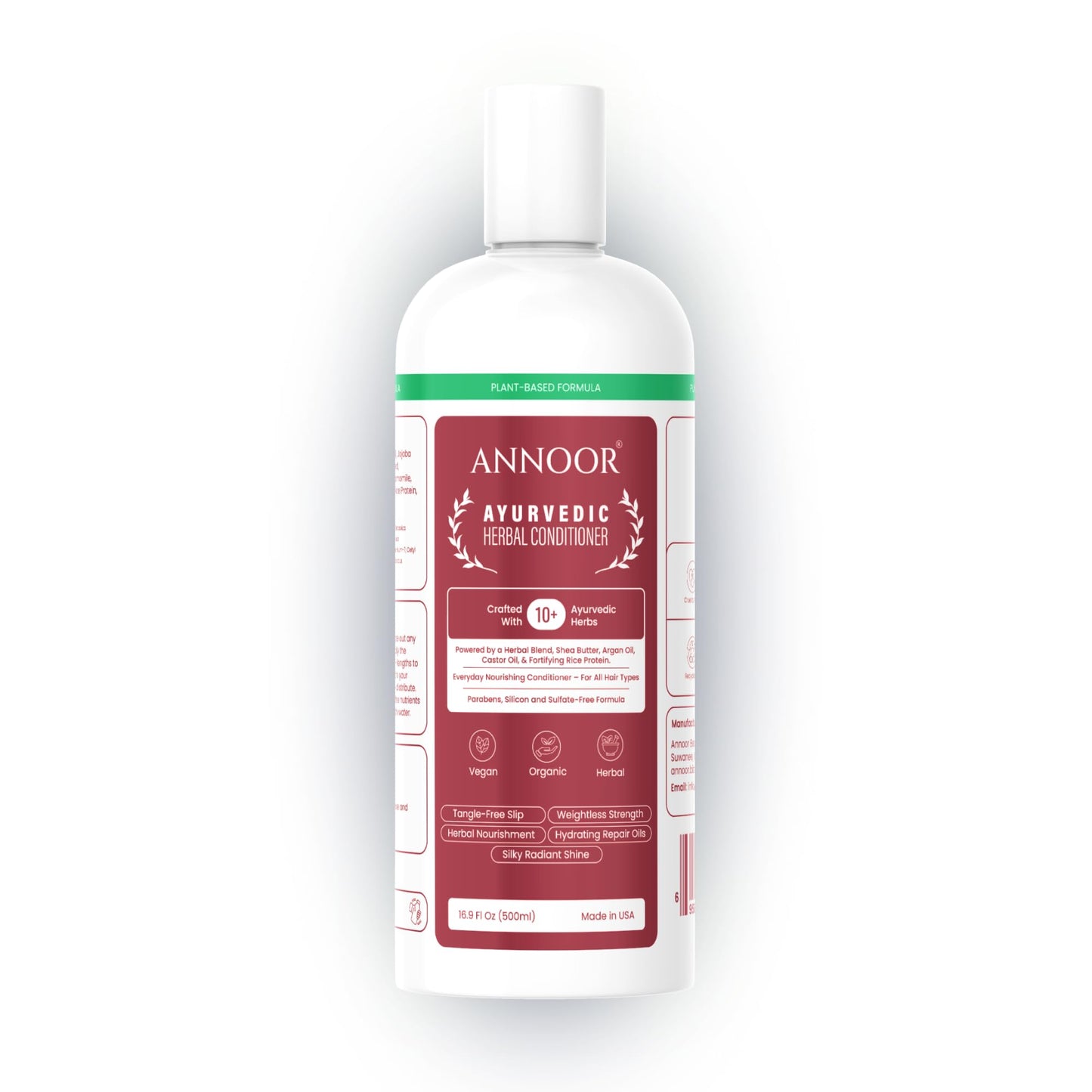 Annoor Ayuverdic Herbal Conditioner 16.9 Fl Oz | Plant-Based | Paraben and Sulfate-Free | With Shea Butter, Argan Oil, Castor Oil, Rice Protein and 10+ Herbs | Shine, Volume and Strength