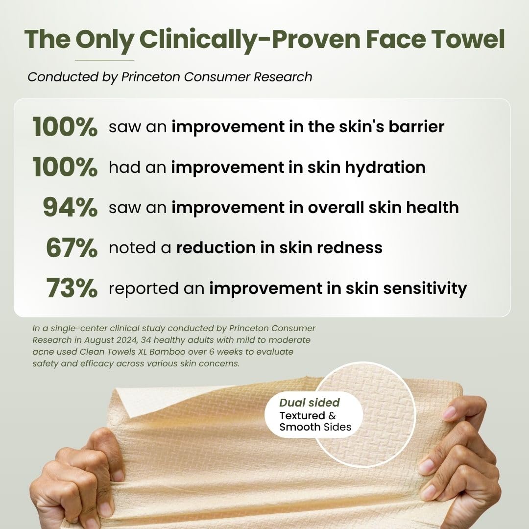 Clean Skin Club Bamboo Viscose Clean Towels® XL 100% USDA Biobased Face Towel, Disposable Face Towelette, Makeup Remover Dry Wipes, Ultra Soft, 50 Ct, 1 Pack