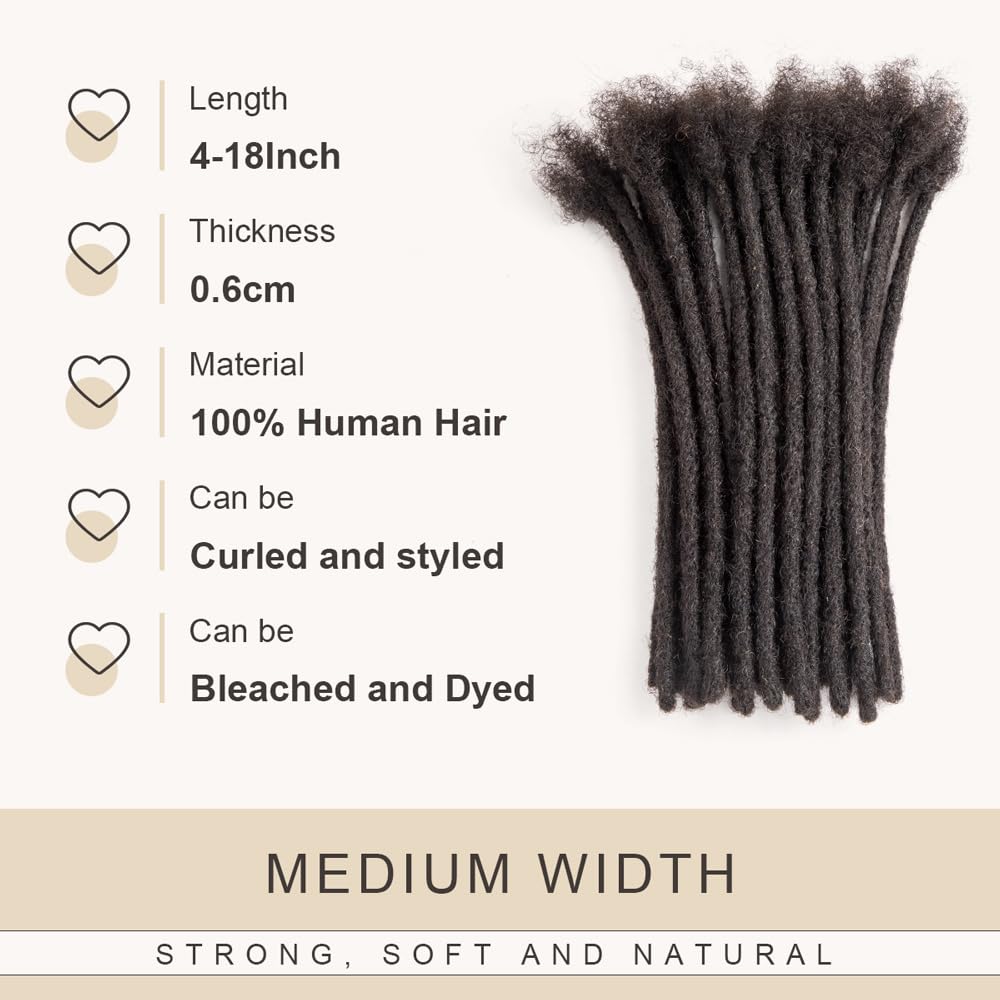 Real Human Hair Dreadlock Extensions - 16 Inch, 10 Strands, Soft & Dyeable | 0.6cm Thickness