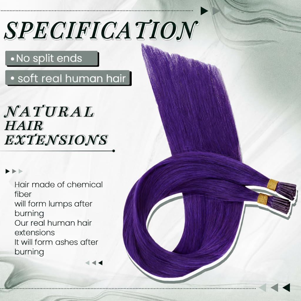RUNATURE I Tip Hair Extensions - Purple Highlight Human Hair | 16 Inch, 20g, Soft & Smooth for Easy Maintenance
