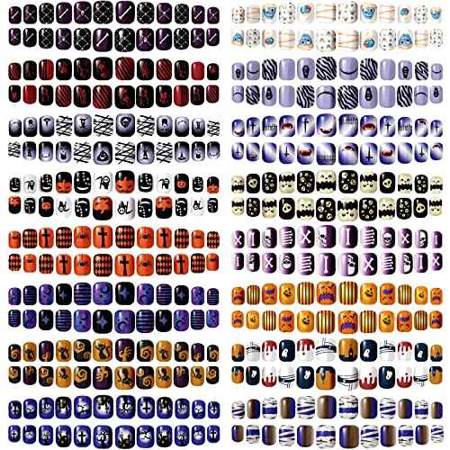 384 Pcs 16 Pack Halloween Press on Nails Halloween Short Fake Square False Nails Plastic Artificial Nail Tips Full Cover Coffin with Ghost Pumpkin Spider Pattern for Women(Fresh Pattern)
