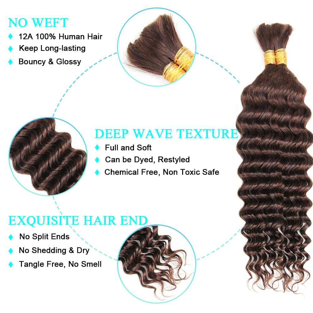 Human Braiding Hair - 110g 18 Inch Deep Wave Boho Bulk | Chocolate Brown 2 Bundles