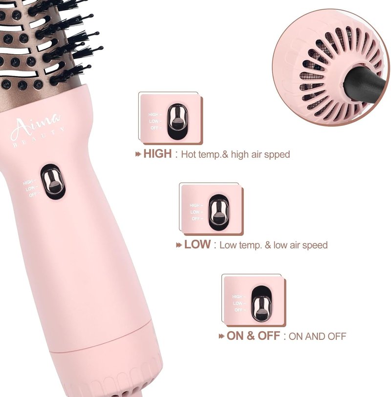 Aima Beauty Travel Hair Dryer Brush - Dual Voltage Hot Air Brush for Frizz-Free Styling | Pink