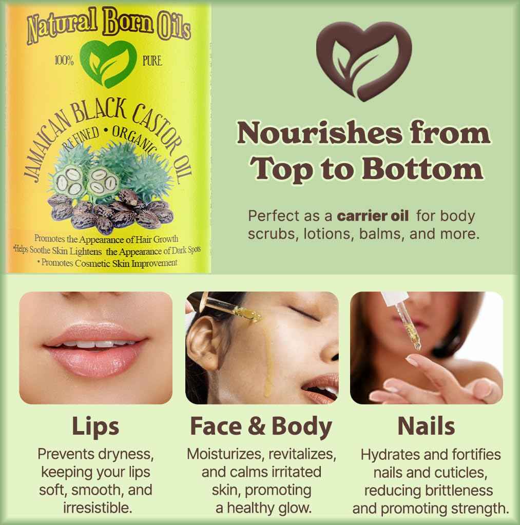 Natural Born Oils Jamaican Black Castor Oil, 16oz, Organic, Cold-Pressed, Fatty Acids, Deep Hydration for Skin, Hair Restoration