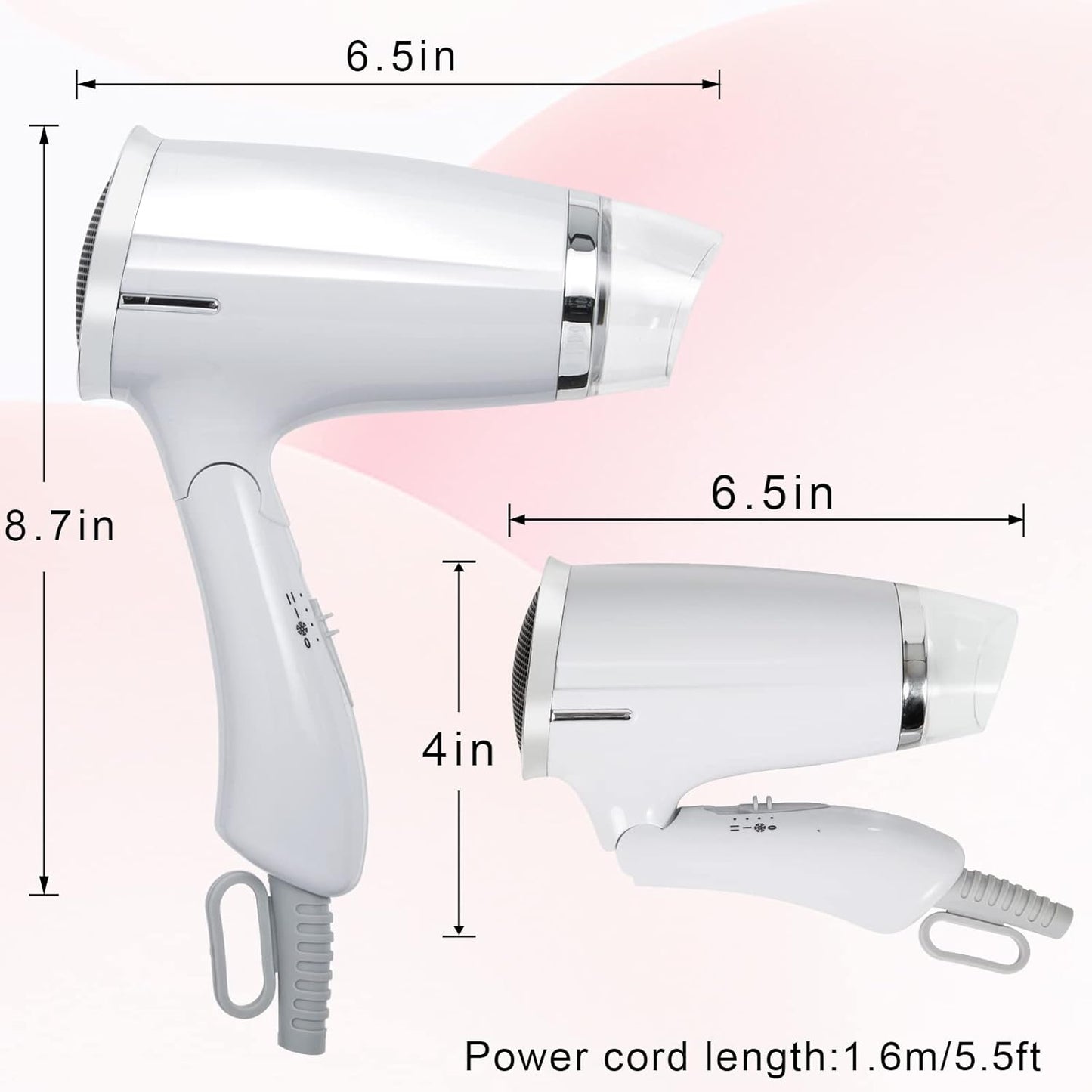 Folding Travel Hair Dryer - Compact & Lightweight Mini Blow Dryer | 8x7 Inch, Low Noise, Multiple Heat Settings (White)