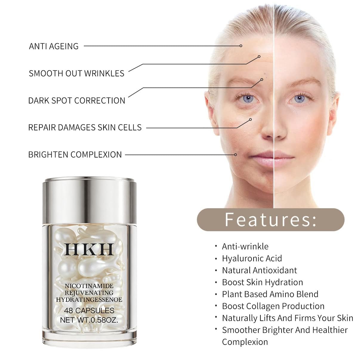 HKH Niacinamide Serum Capsules for Face - Anti Aging Dark Spot Remover Hydrating with Hyaluronic Acid Smoothing & Firming & Fine lines - Travel Friendly (48 ct) (Niacinamide 48pcs)