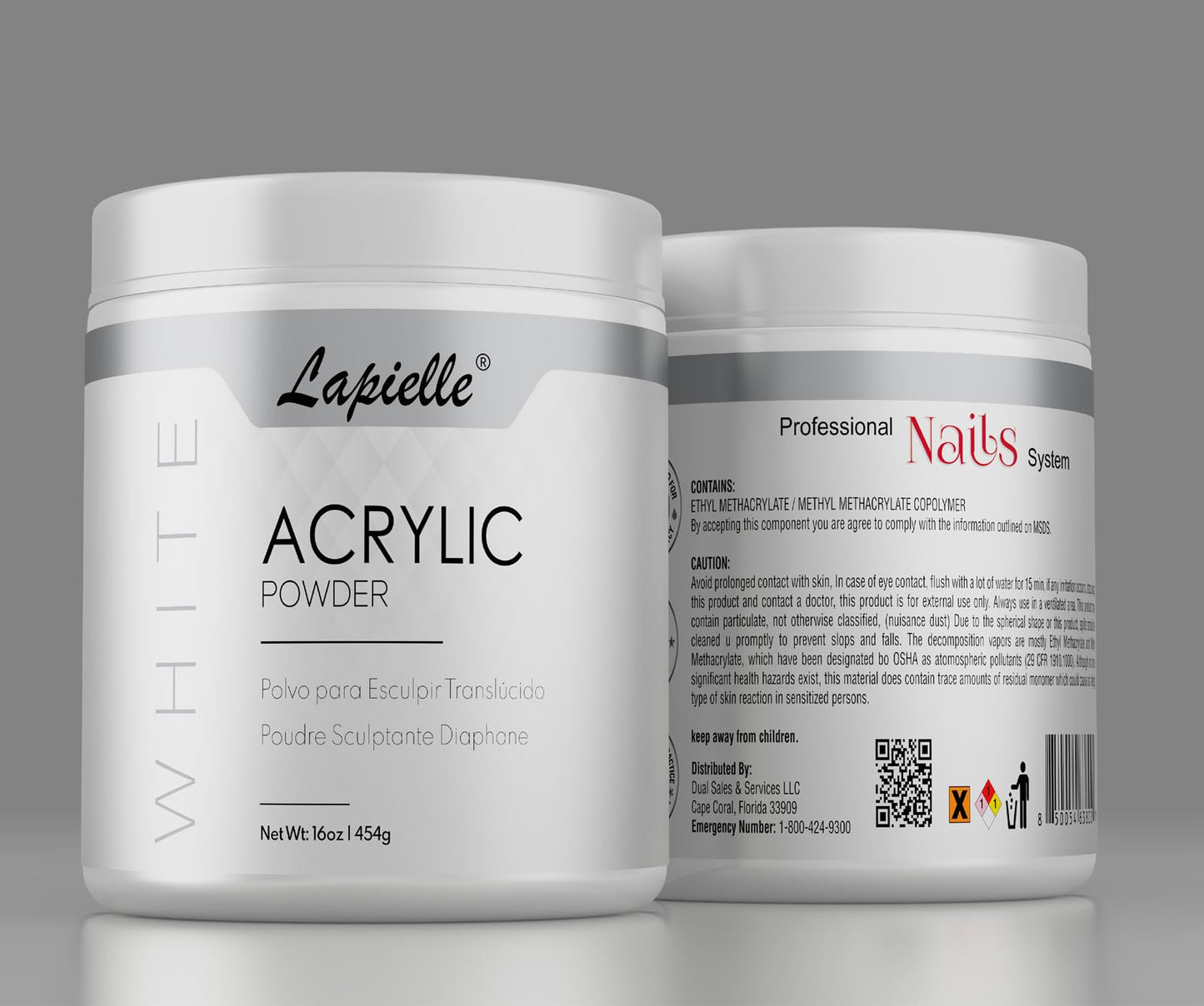 Lapielle Professional Acrylic Powder for Nail Art. Long-lasting, Large capacity and quick dry. Quality Salon Manicure Nail extension CLEAR, PINK, & WHITE (16oz) (White)