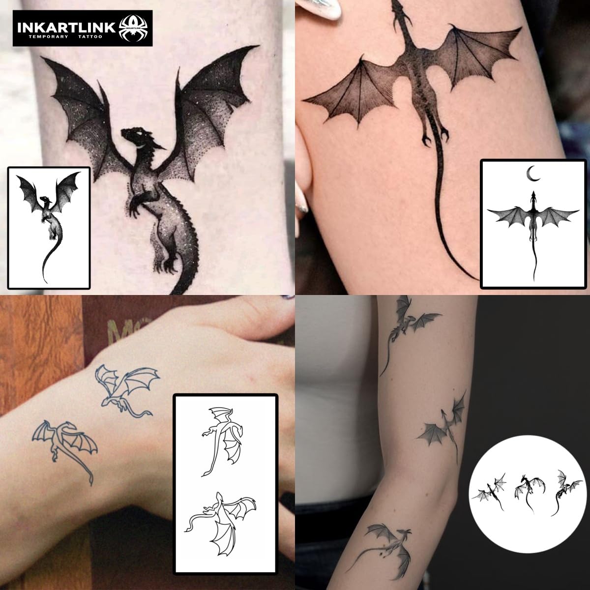 INKARTLINK Semi Permanent Tattoo, 4pcs of Dragon Tattoo Stickers, Exquisite and Realistic, Waterproof, Non-reflective, Interesting Tattoo Experience (Western Dragon Tattoo Combination)